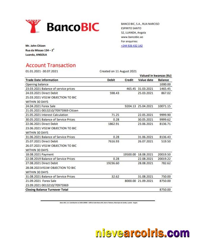 Angola Banco BIC bank statement in Excel and PDF format